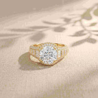 4.05 Ct Round Cut Moissanite Halo Baguette Statement Ring