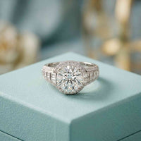 4.05 Ct Round Cut Moissanite Halo Baguette Statement Ring
