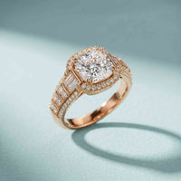 4.05 Ct Cushion Cut Moissanite Halo Baguette Statement Ring