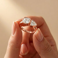 1.95 Ct Cushion & Trillion Cut Moissanite Bezel Duo Ring Rose Gold