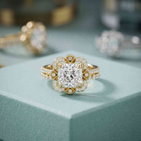 3.55 Ct Cushion Cut Moissanite Petal Halo Ring Set for Women
