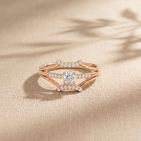0.25 Ct Round Cut Moissanite Double Chevron Pavé Solitaire Ring for Women Rose Gold