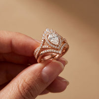 2.10 Ct Pear Cut Moissanite Royal Crown Double Halo Ring for Women Rose Gold