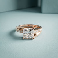 2.35 Ct Princess Cut Moissanite Split Bypass Pavé Solitaire Ring for Women Rose Gold