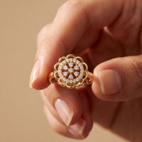 0.20 Ct Round Cut Moissanite Floral Halo Filigree Ring for Women Gold