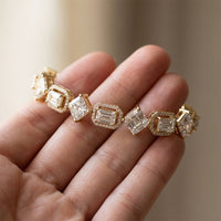 12.05 Ct Emerald & Round Cut Moissanite Geometric Frame Tennis Bracelet for Women Gold Vermeil (2.5 Micron) Gold