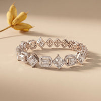 12.05 Ct Emerald & Round Cut Moissanite Geometric Frame Tennis Bracelet for Women Gold Vermeil (2.5 Micron) White
