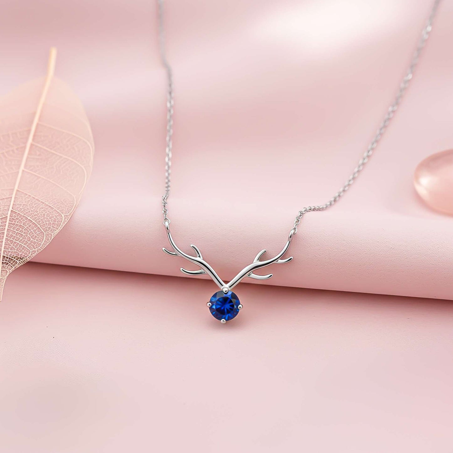 Silver Deer Theme Round Blue Sapphire Necklace