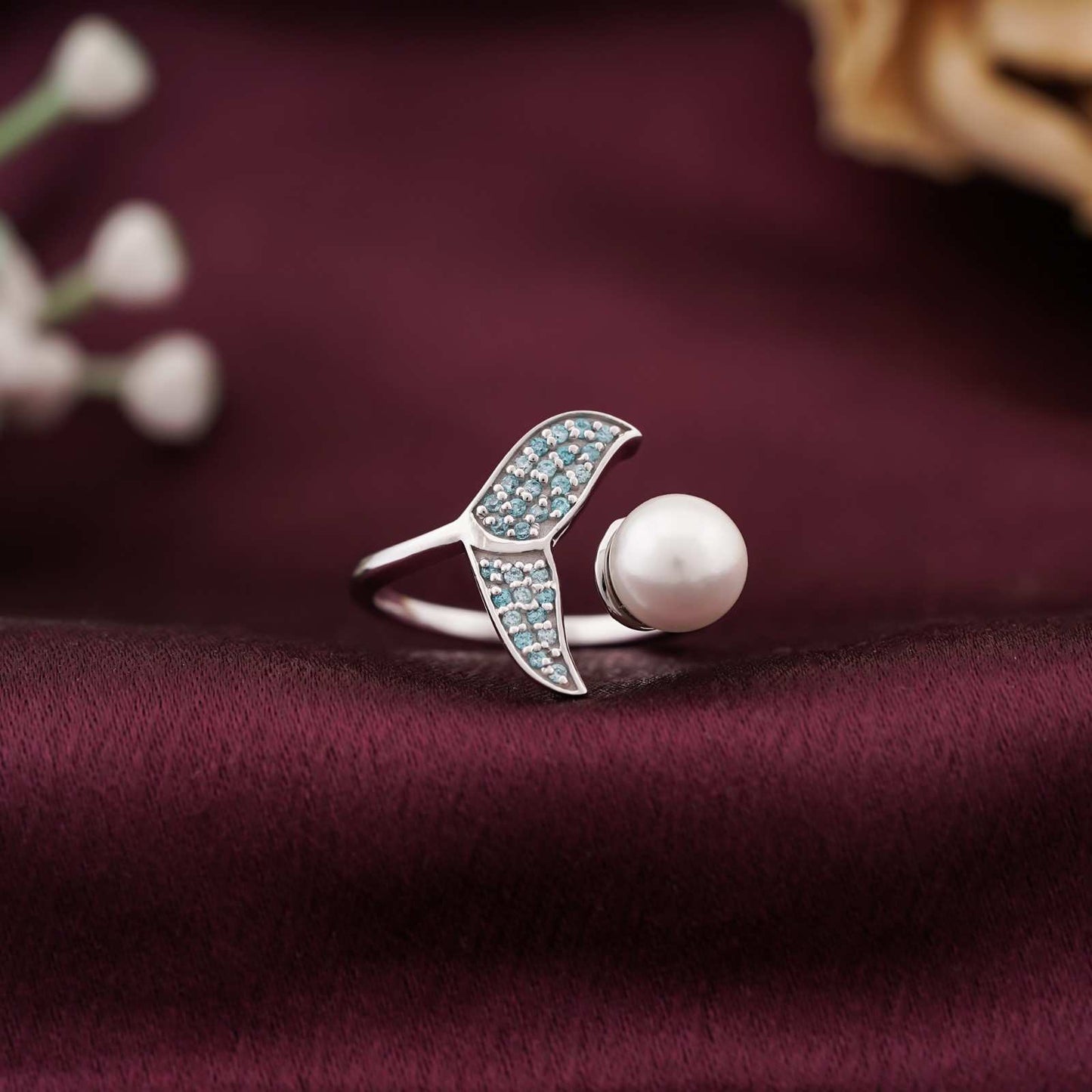 Silver Blue Dolphin Pearl Ring