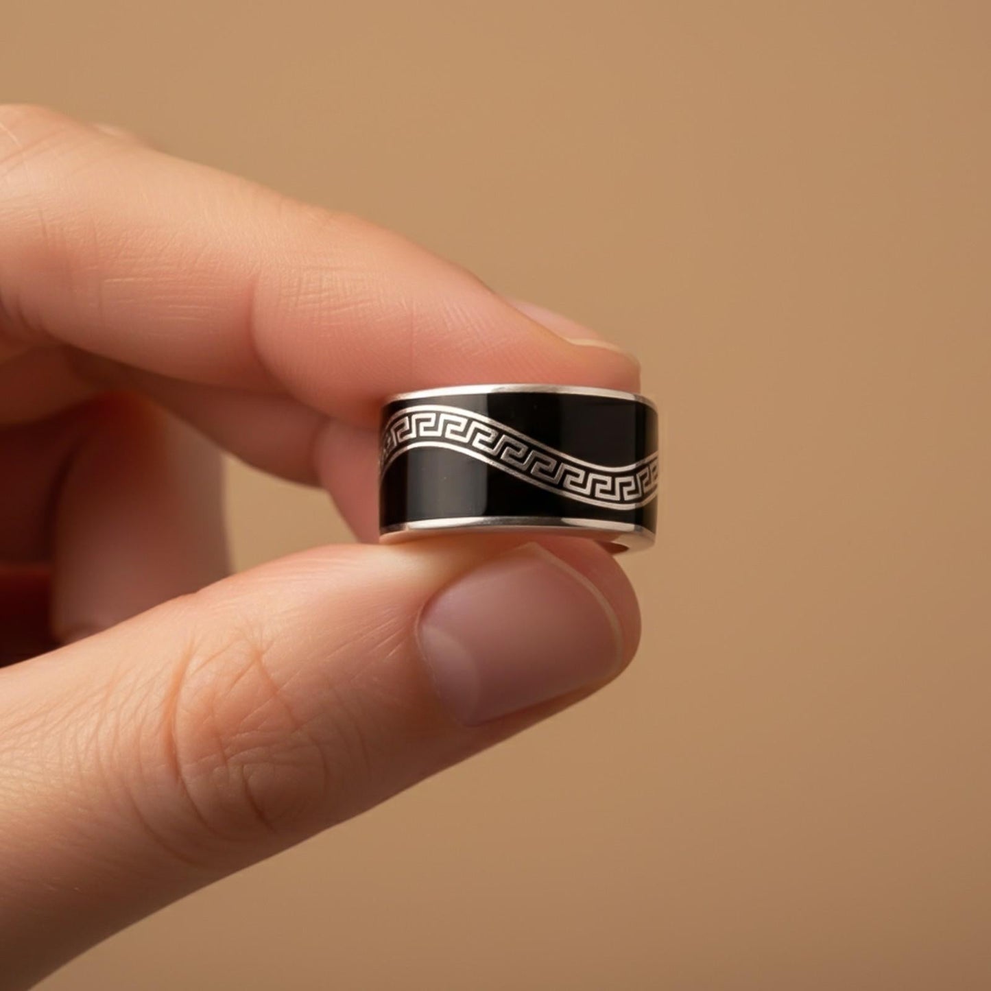Silver Enamel Greek Key Pattern Ring Gold Vermeil (2.5 Micron) - alternate view
