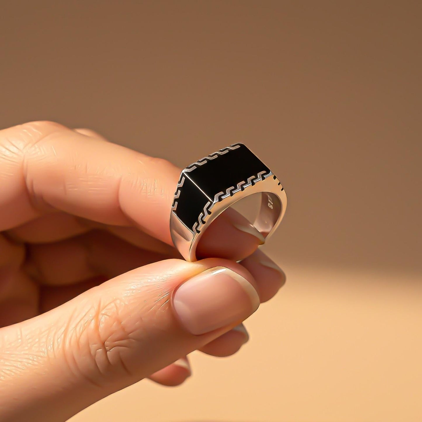 Silver Black Enamel Geometric Pattern Ring Gold Vermeil (2.5 Micron) - alternate view