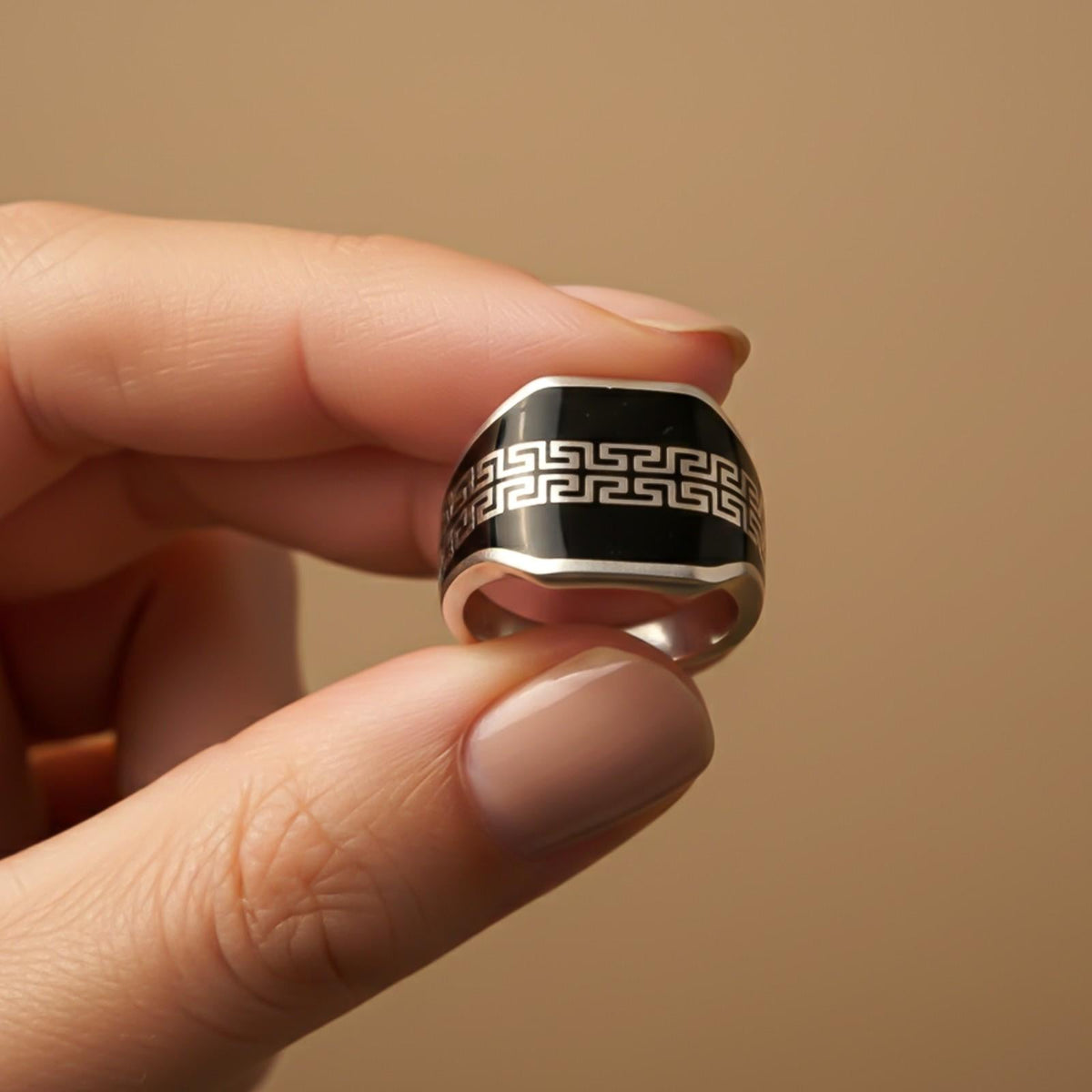 Silver Black Enamel Greek Pattern Ring Gold Vermeil (2.5 Micron) - alternate view