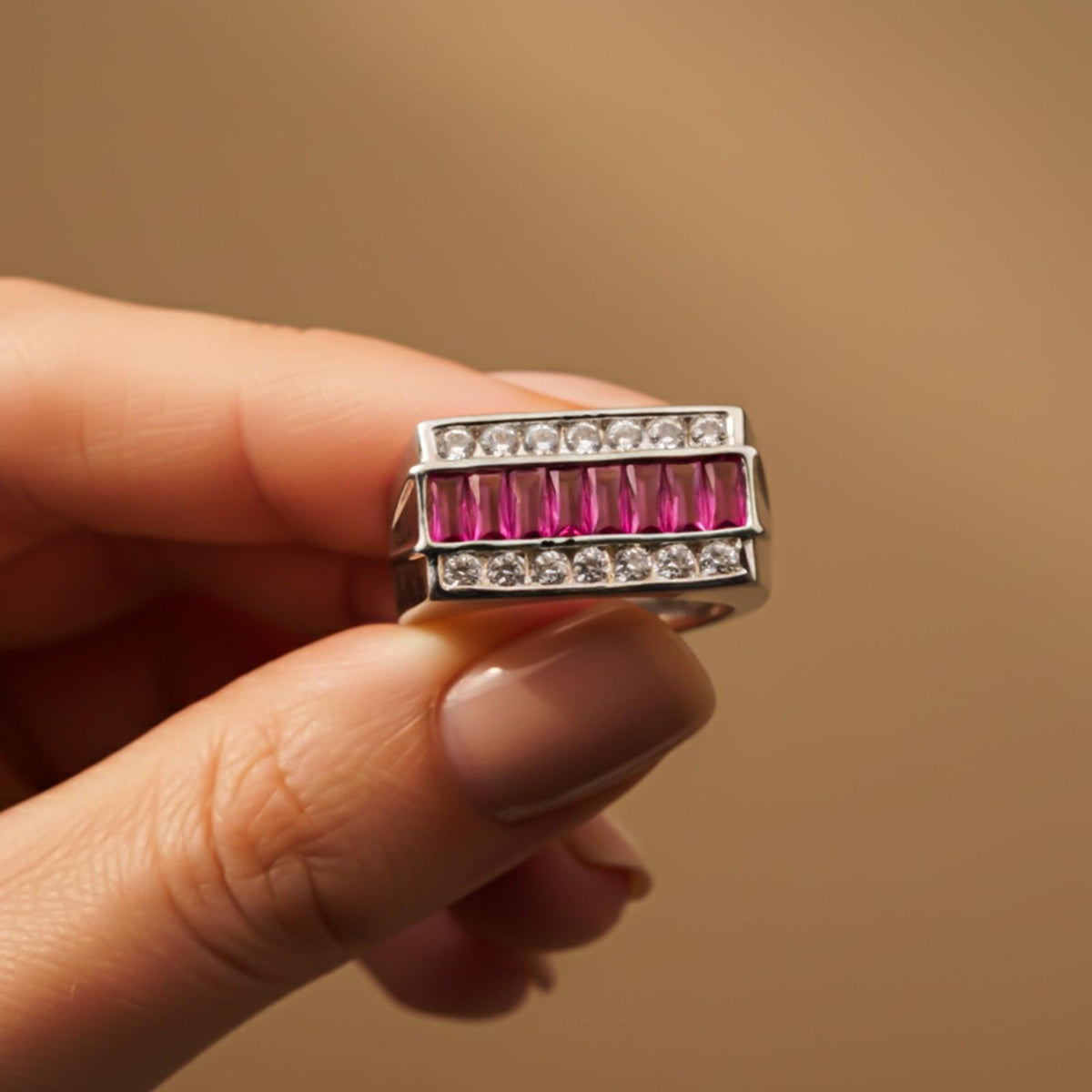Silver Ruby & Diamond Multi-Row Statement Ring for Him Gold Vermeil (2.5 Micron) - product view