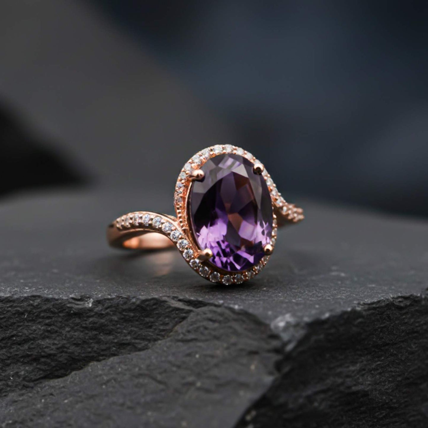 Silver Oval Amethyst Halo Ring for Women Gold Vermeil (2.5 Micron)