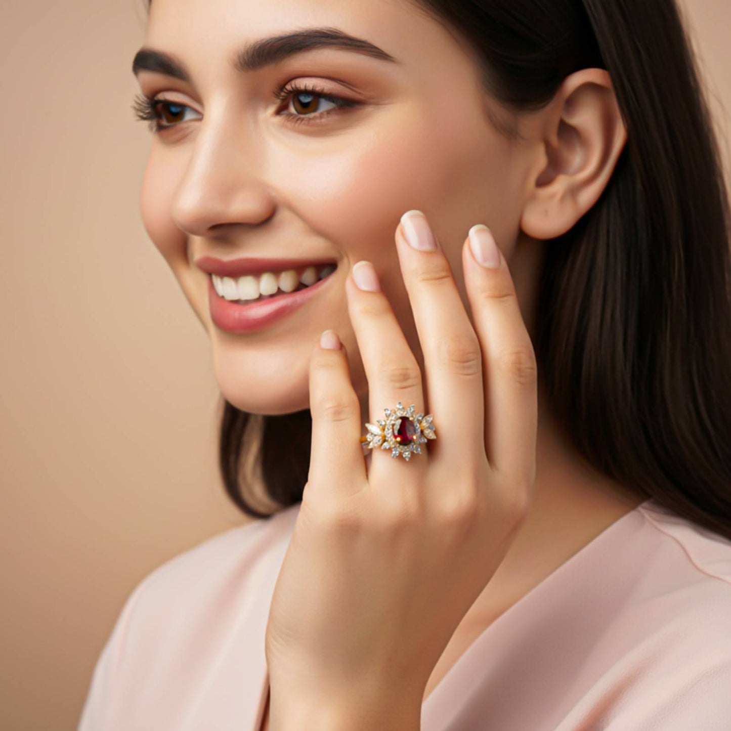 Silver Ruby Floral Halo Statement Ring Gold Vermeil (2.5 Micron)
