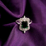 Silver Green Emerald Halo Ring