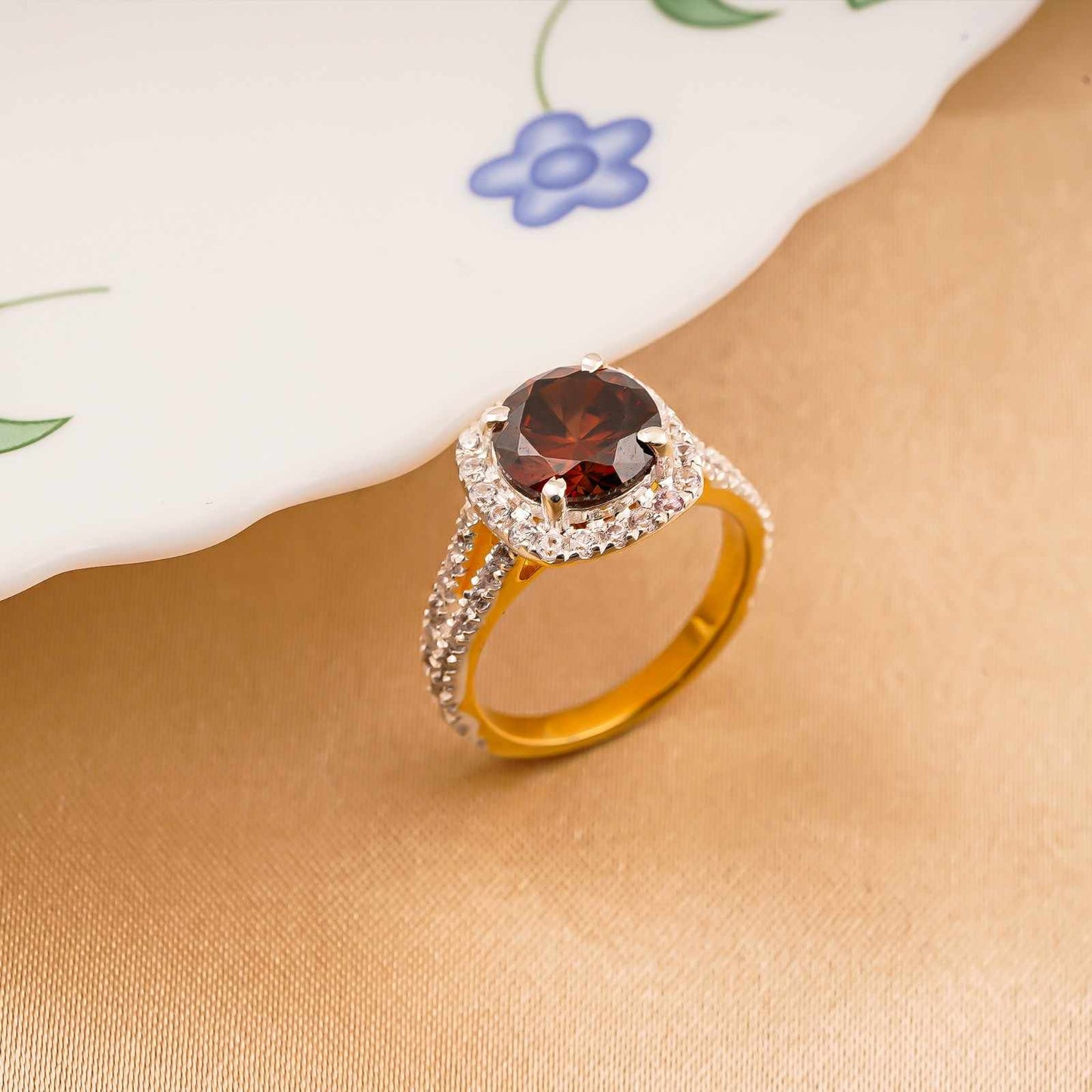 Silver Red Garnet Halo Ring Gold Vermeil (2.5 Micron)