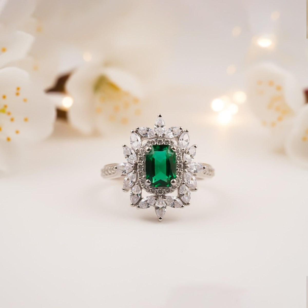 Silver Green Emerald Floral Halo Ring Gold Vermeil (2.5 Micron) - product view