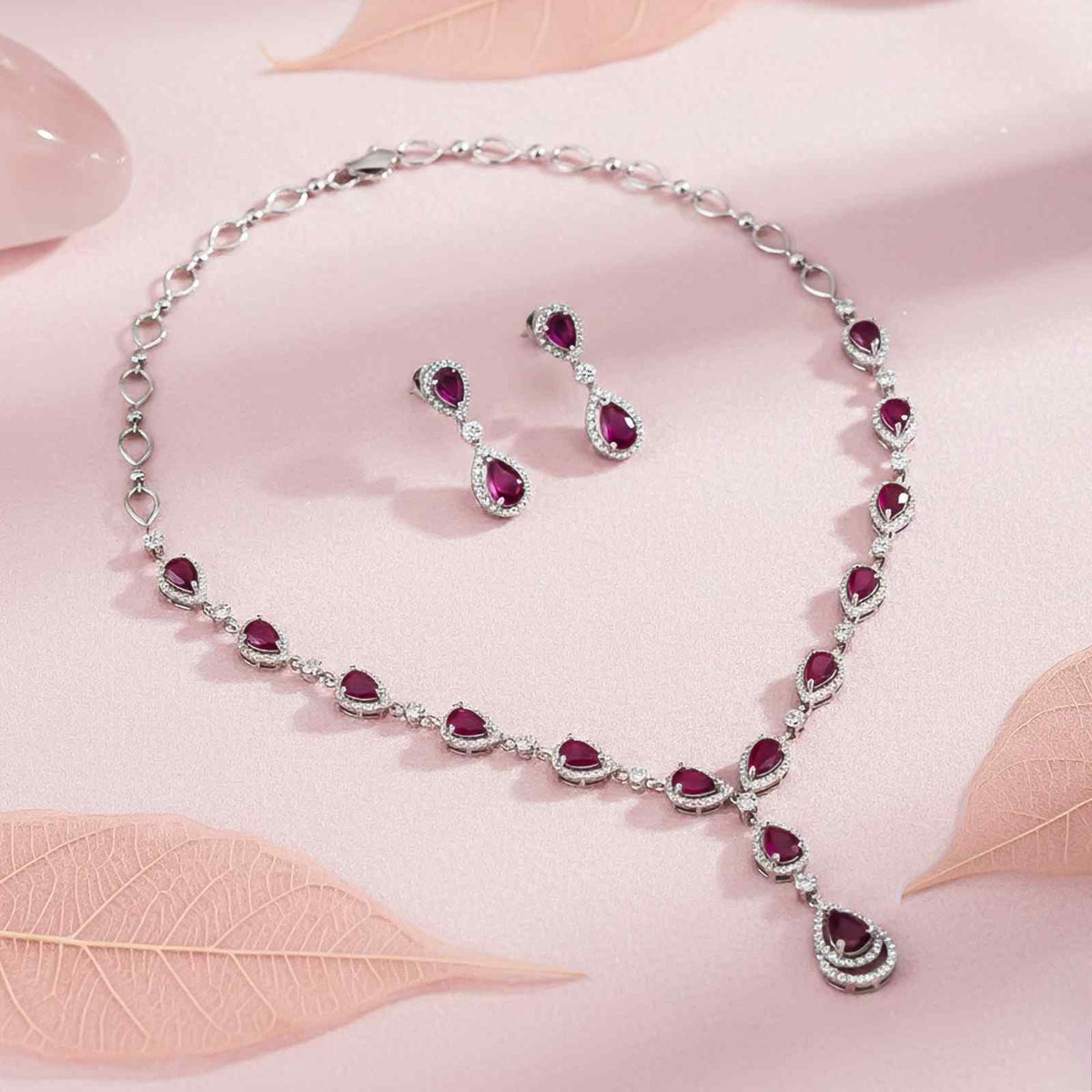 Silver Teardrop Ruby Elegance Necklace & Earrings Set