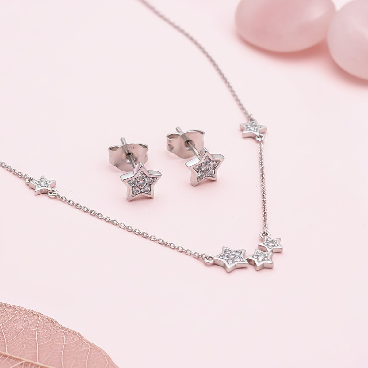 Silver Star Charm Necklace & Earrings Set
