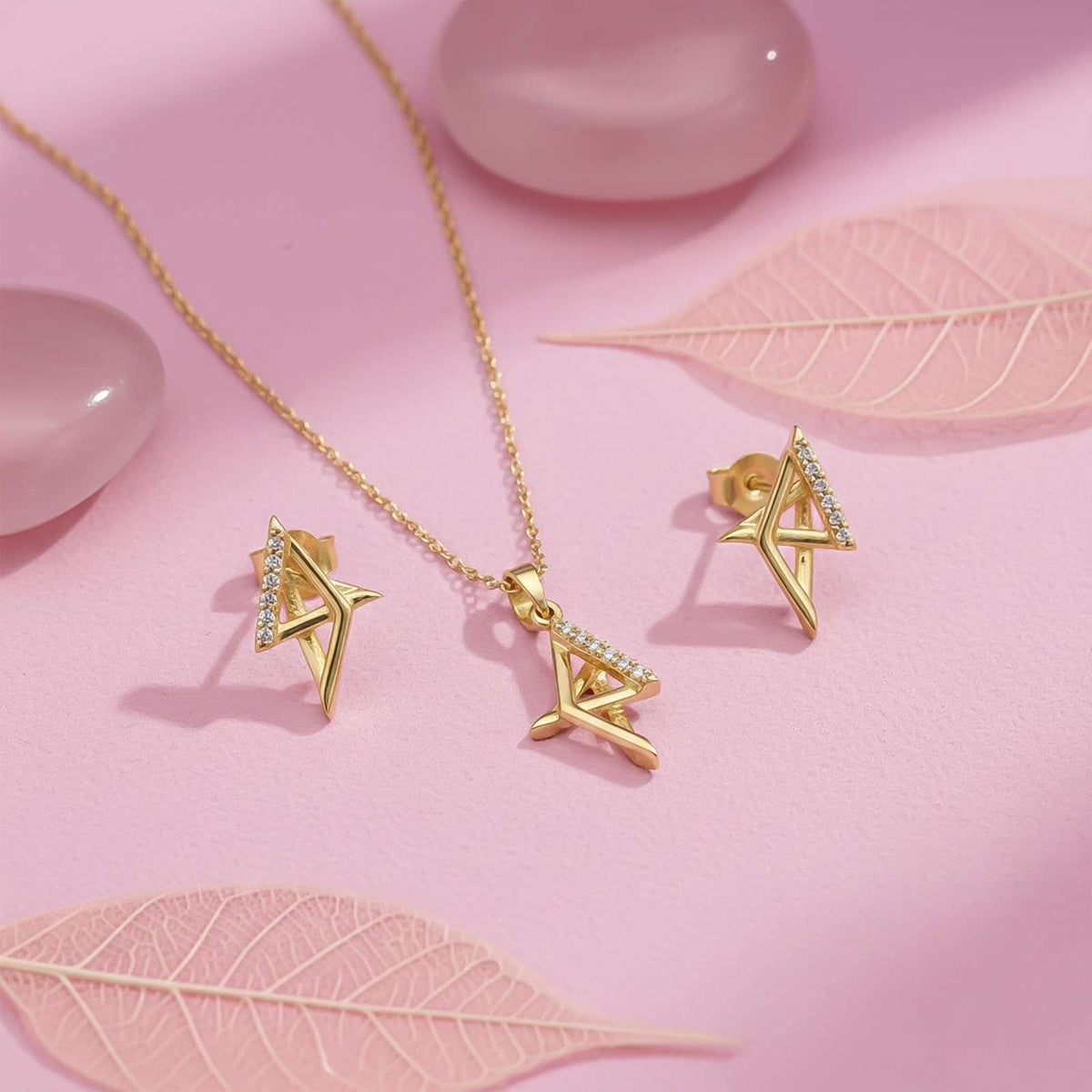 Silver Geometric Spark Triangle Pendant & Earrings Set
