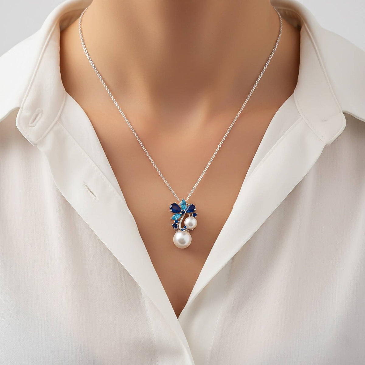 Silver Floral Pearl Drop Pendant & Earrings Set