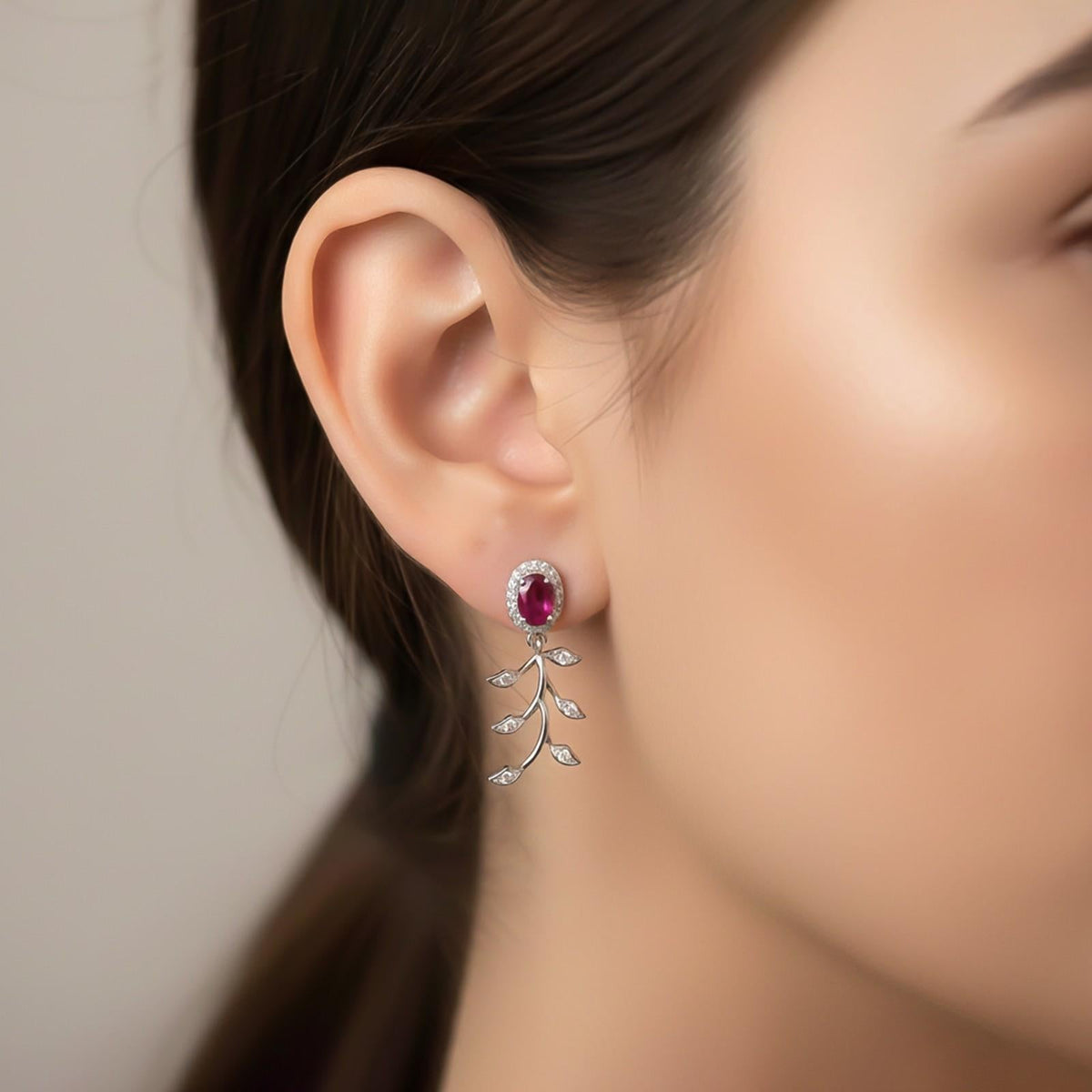 Silver Ruby Vine Floral Necklace & Earrings Set