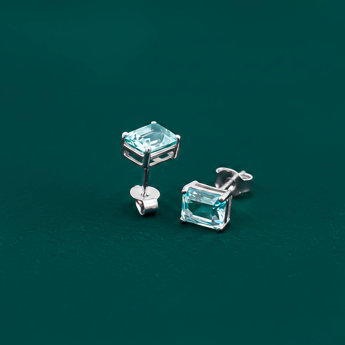 Silver Emerald Cut Aquamarine Solitaire Stud Earrings With 14K Gold Vermeil (2.5 Micron) - product view