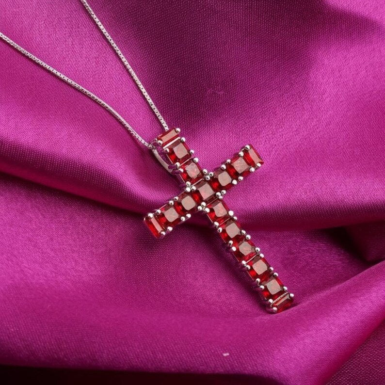 Silver Crimson Faith Ruby Cross Pendant Necklace For Her