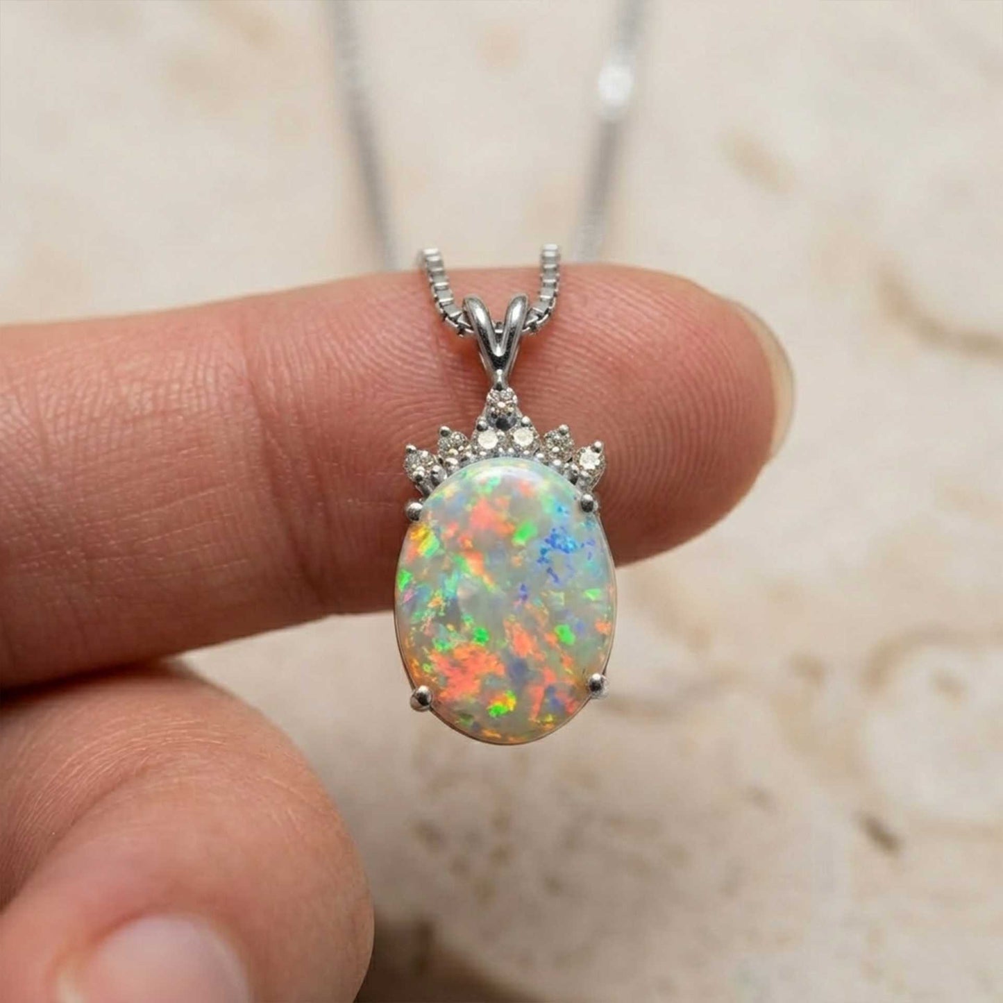 Silver Aurora Opal Crown Pendant Necklace For Her