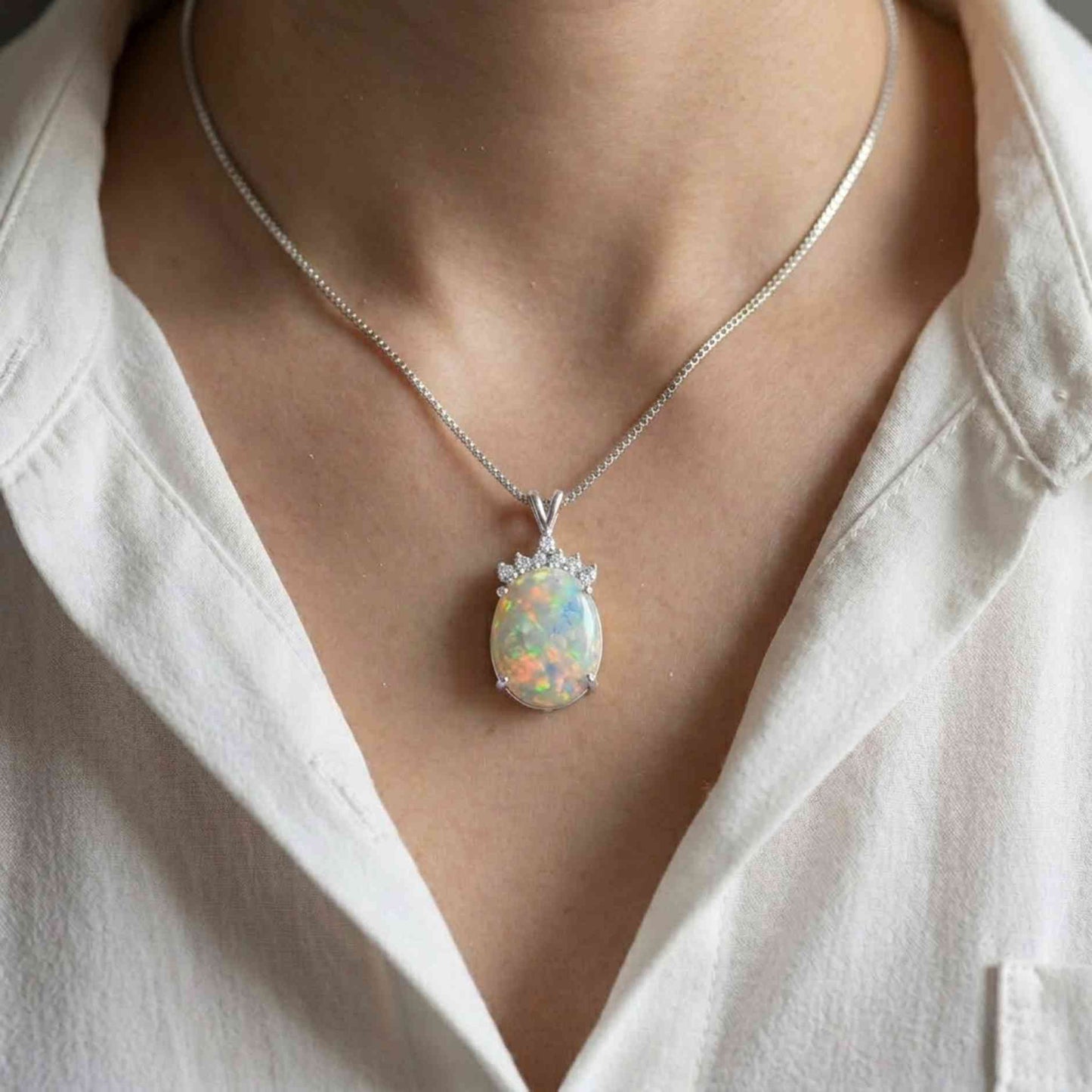 Silver Aurora Opal Crown Pendant Necklace For Her