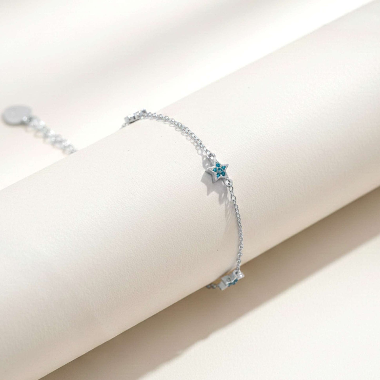 Round Blue Topaz Sterling Silver Stars Anklet With 14K Gold Plated