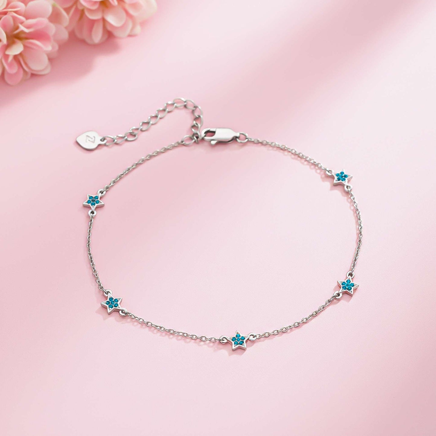 Round Blue Topaz Sterling Silver Stars Anklet With 14K Gold Plated