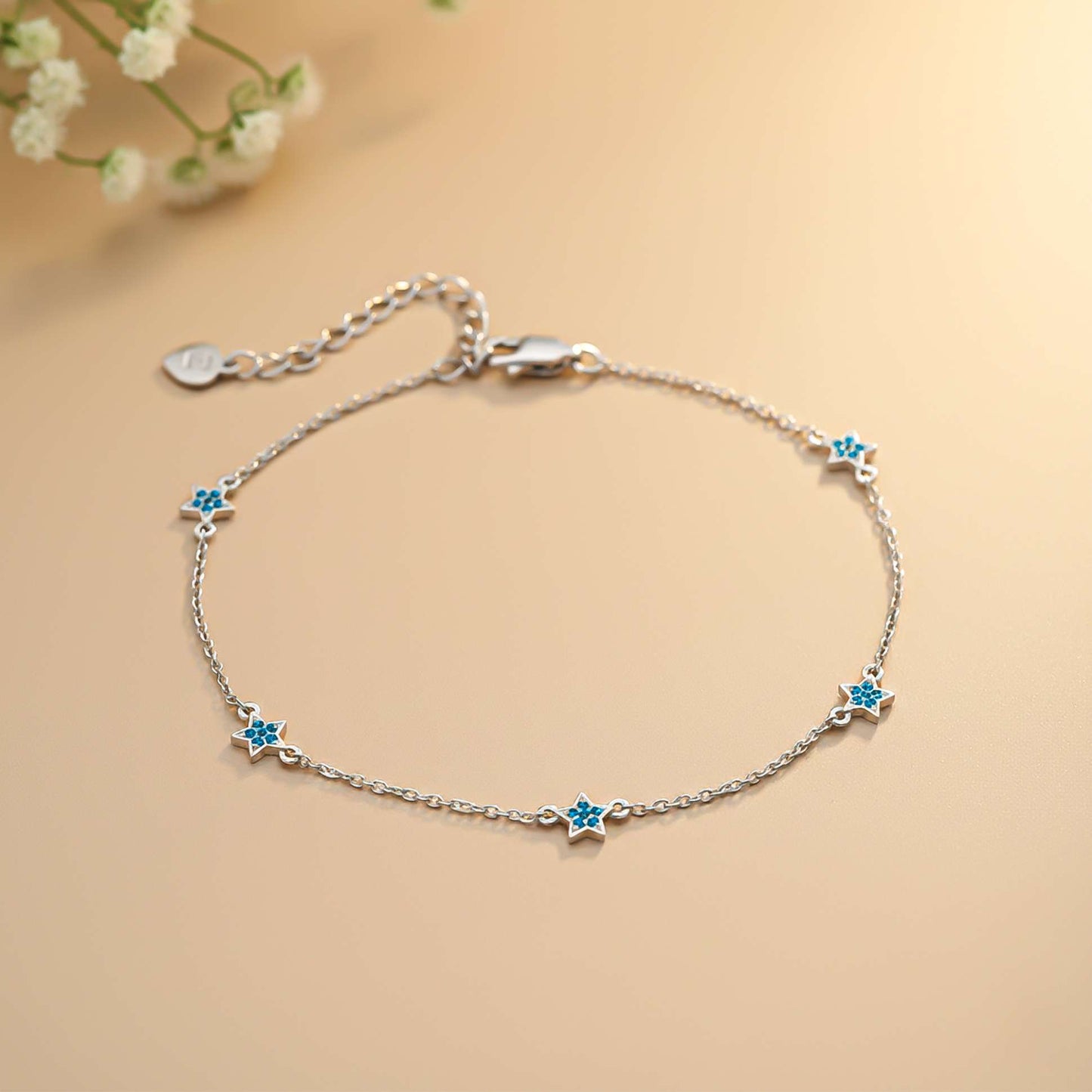 Round Blue Topaz Sterling Silver Stars Anklet With 14K Gold Plated