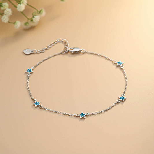 Round Blue Topaz Sterling Silver Stars Anklet With 14K Gold Plated