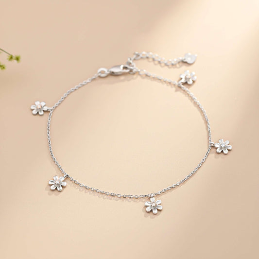 Sterling Silver Flowers Charm Anklet For Her