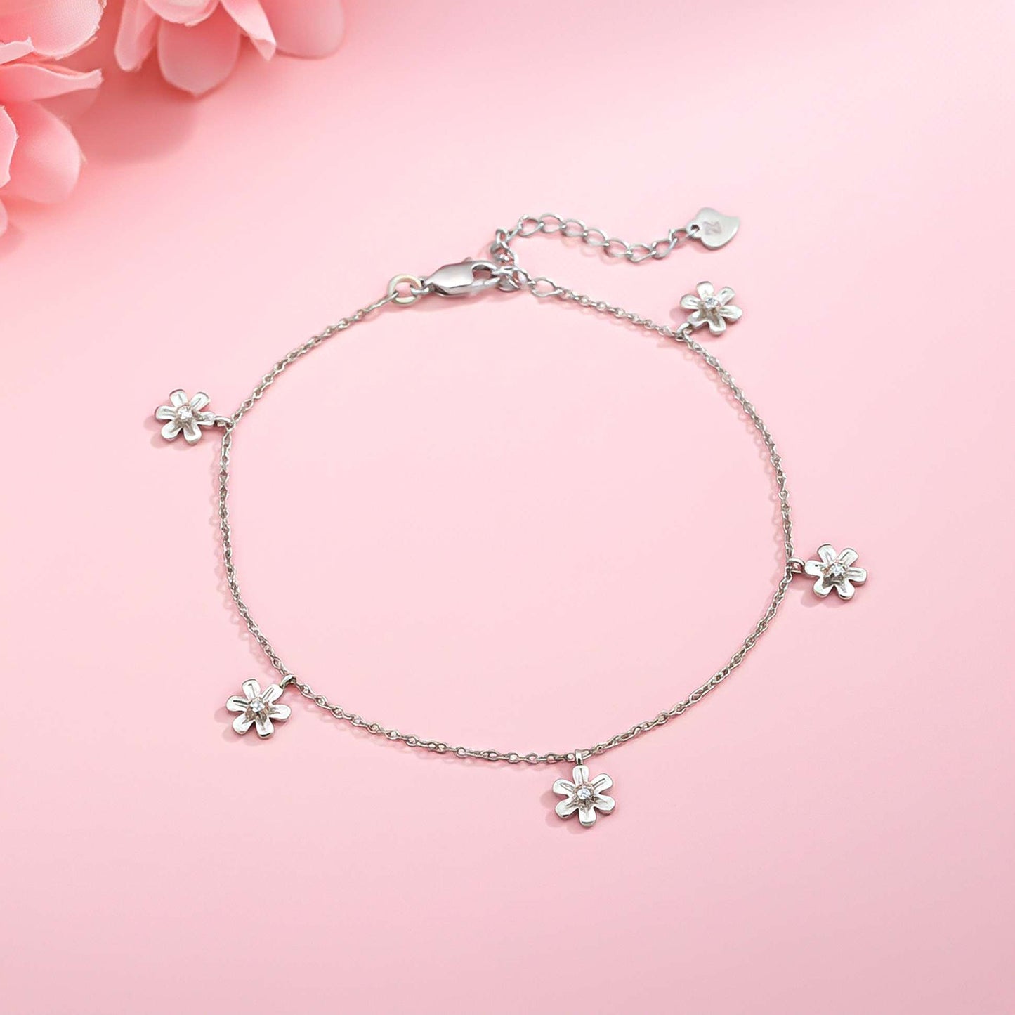 Sterling Silver Flowers Charm Anklet For Her