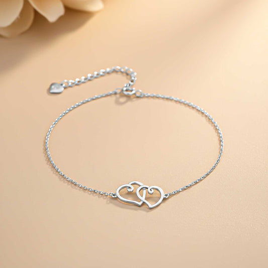 Twin 925 Sterling Silver Heart Anklet For Her With 14K Gold Plated