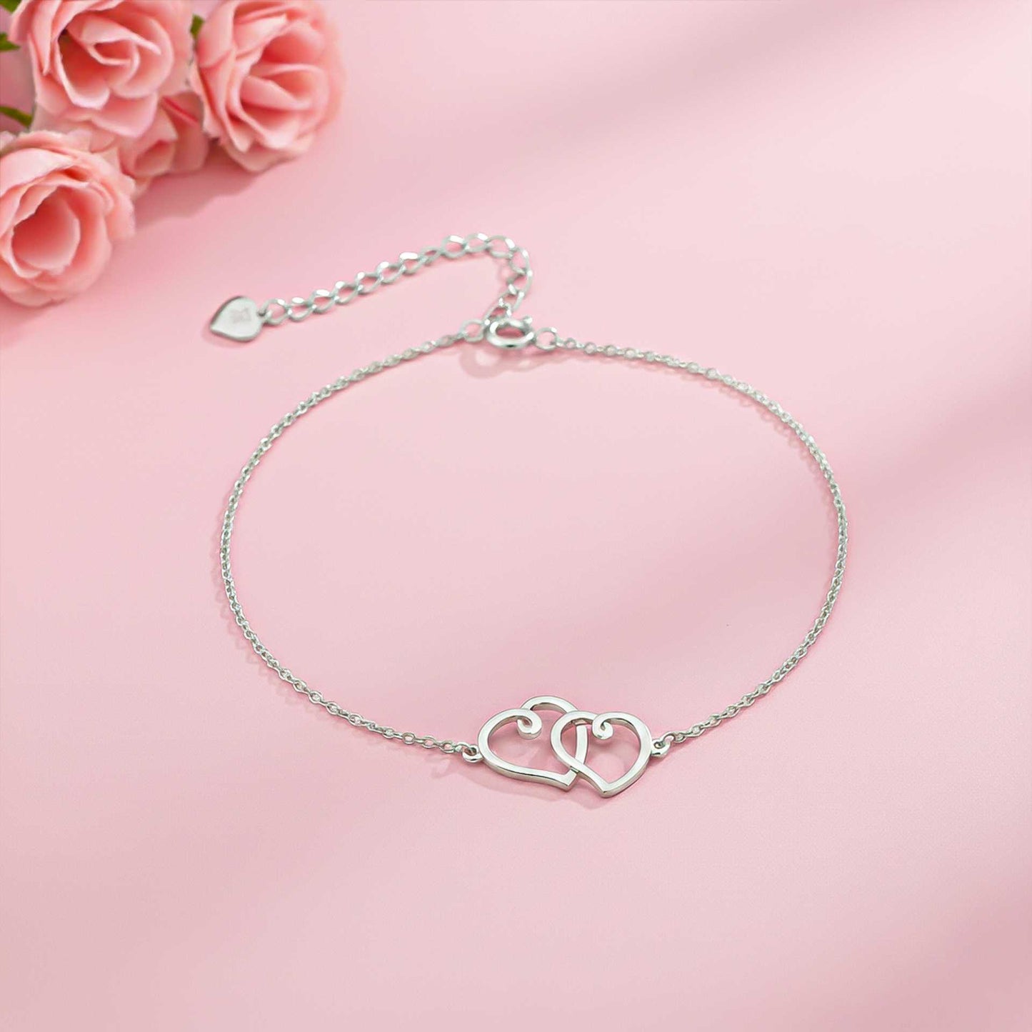 Twin 925 Sterling Silver Heart Anklet For Her With 14K Gold Plated
