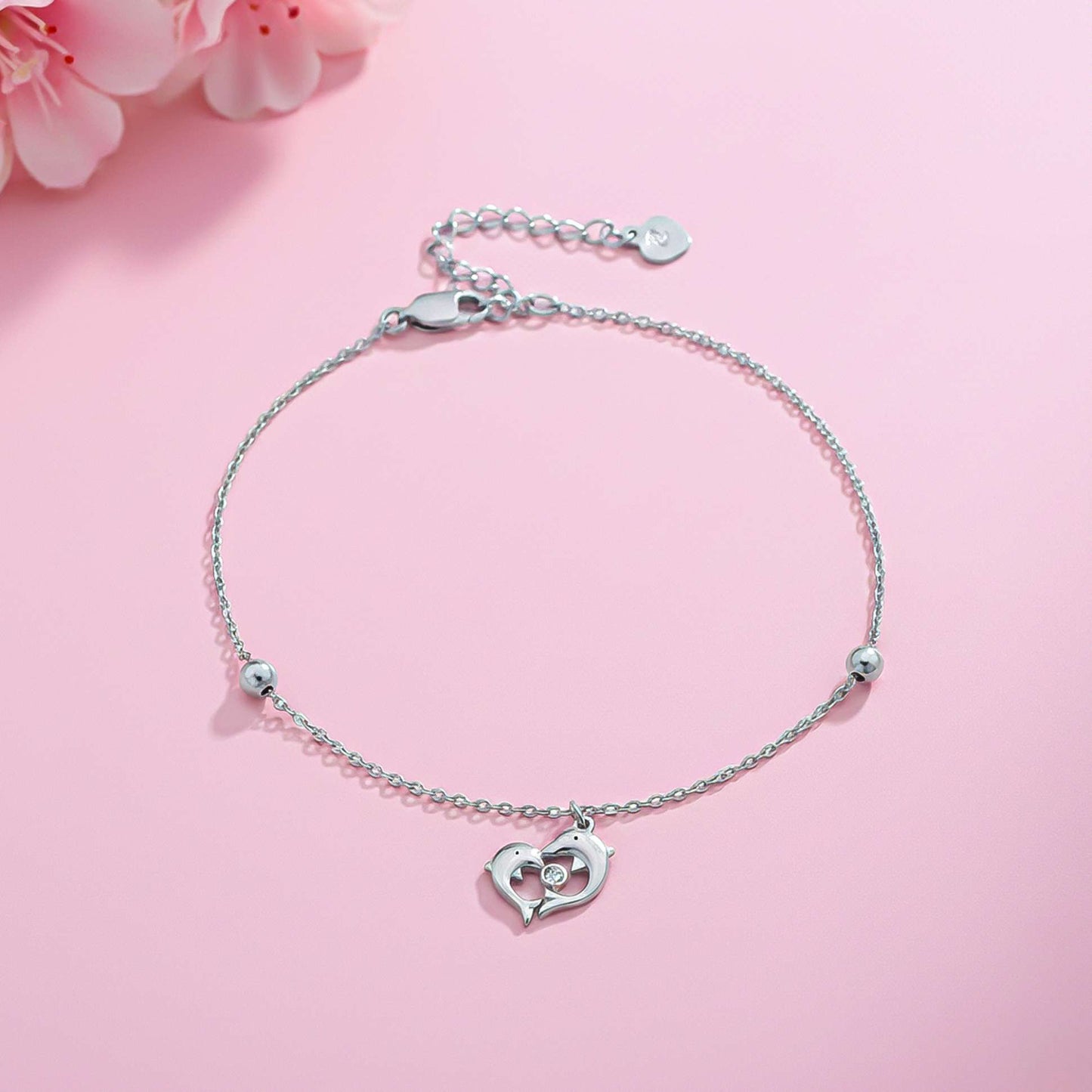 925 Sterling Silver Dolphin Heart Love Anklet With 14K Gold Plated