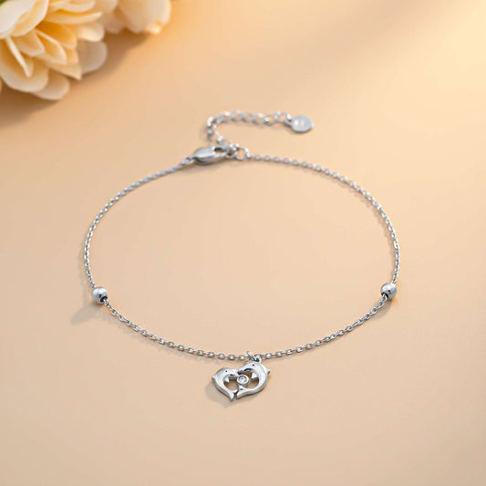 925 Sterling Silver Dolphin Heart Love Anklet With 14K Gold Plated