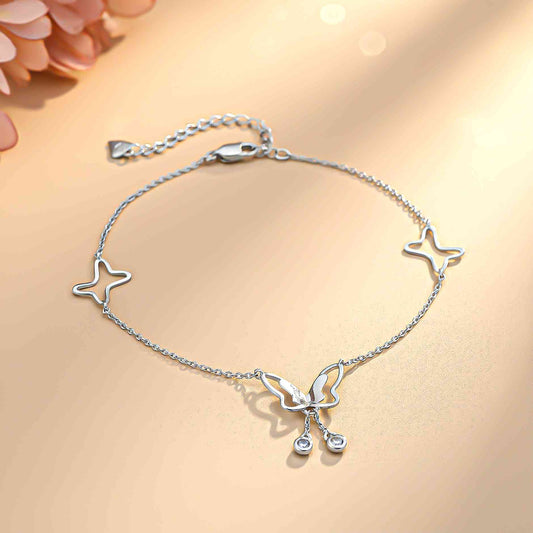 Butterfly Diamond Silver Charm Anklets For Women With 14K Gold Plated