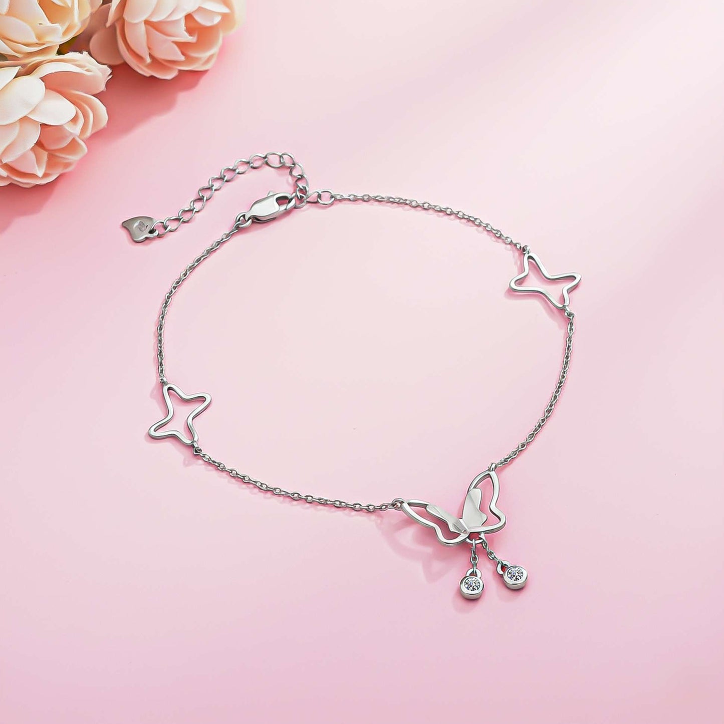 Butterfly Diamond Silver Charm Anklets For Women With 14K Gold Plated