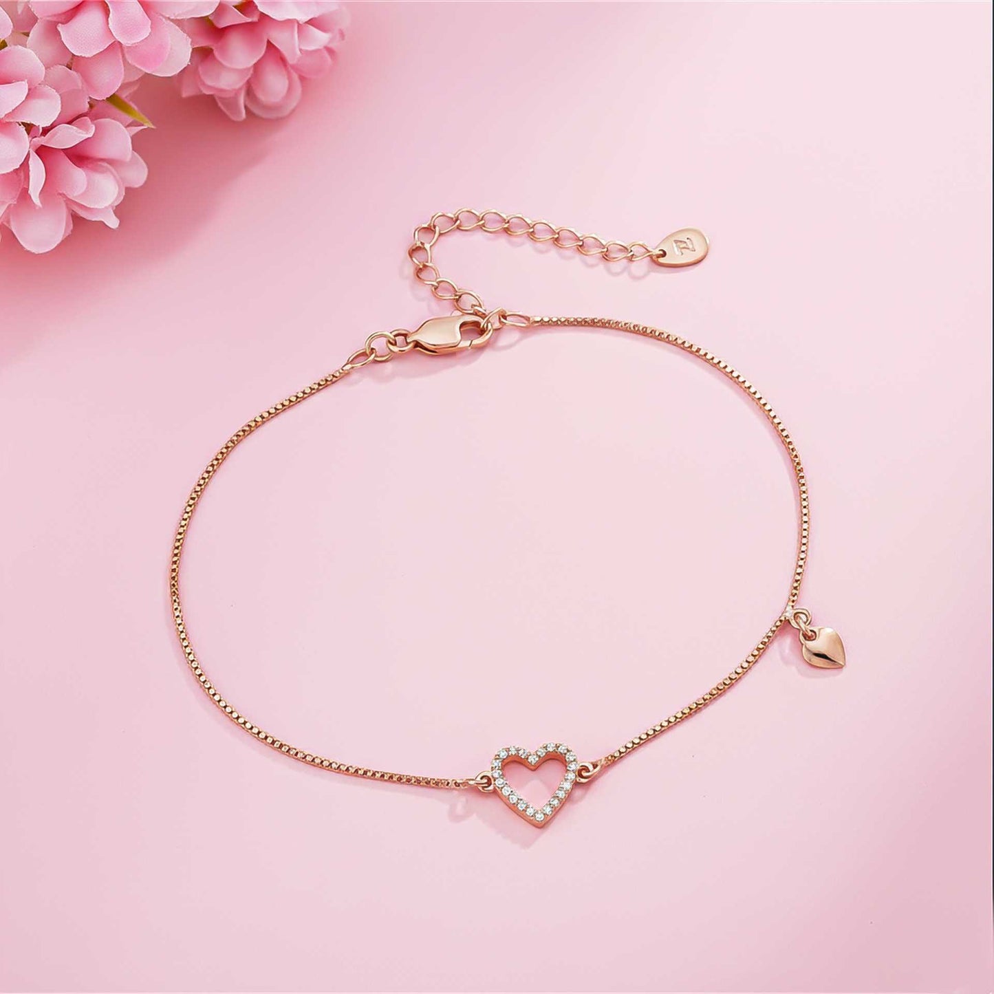 Silver Lovely Heart Charm Anklet With 14K Rose Gold Plated