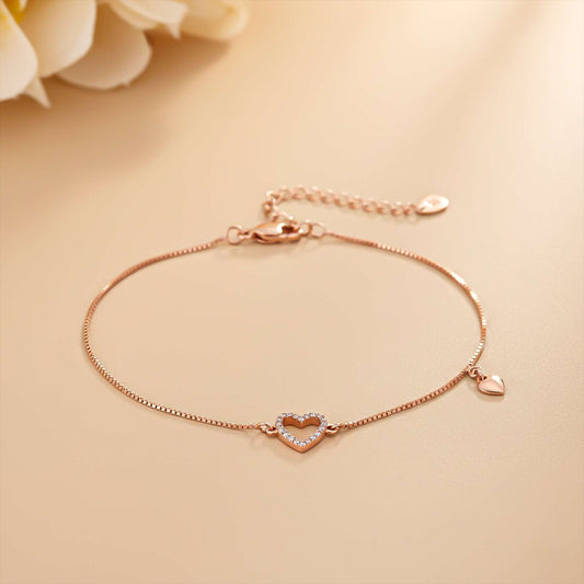 Silver Lovely Heart Charm Anklet With 14K Rose Gold Plated
