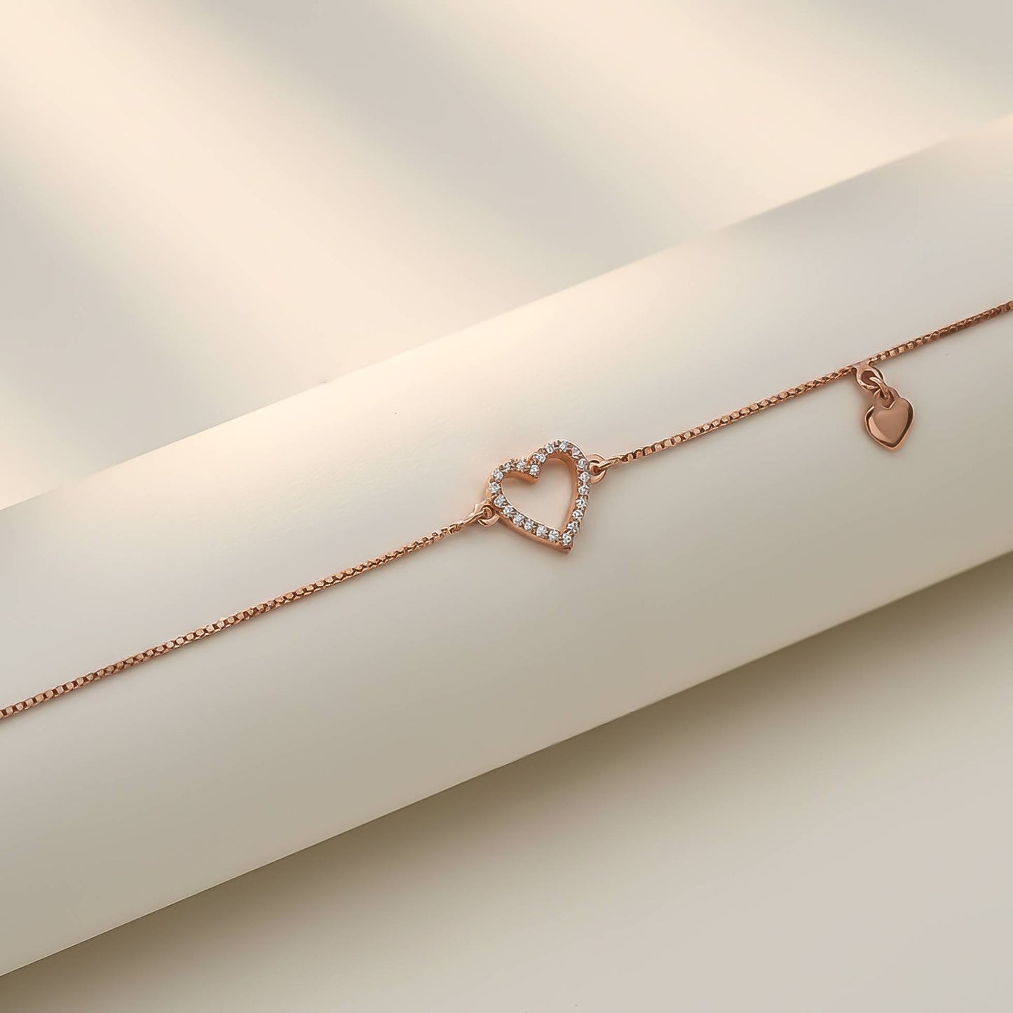 Silver Lovely Heart Charm Anklet With 14K Rose Gold Plated