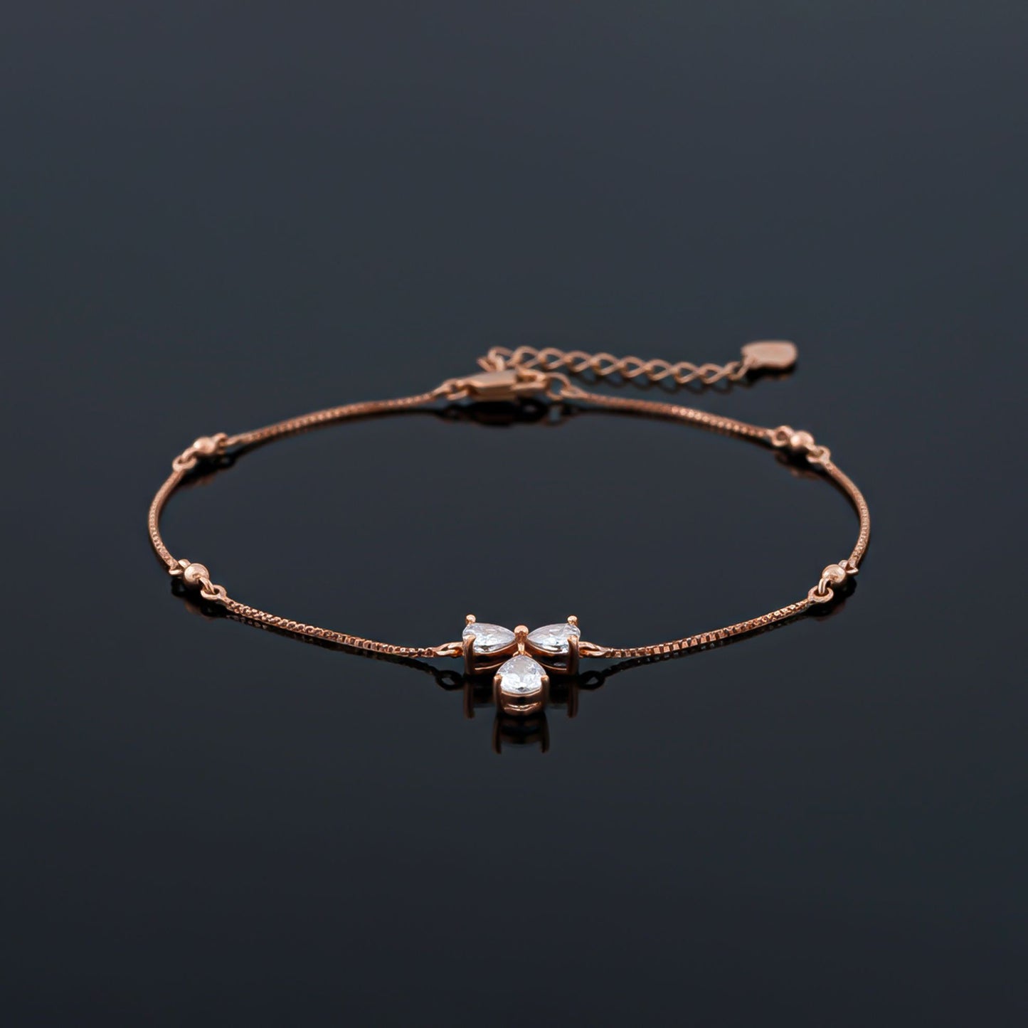 Heart Teardrop Sterling Silver Bow Anklet With 14K Rose Gold Plated