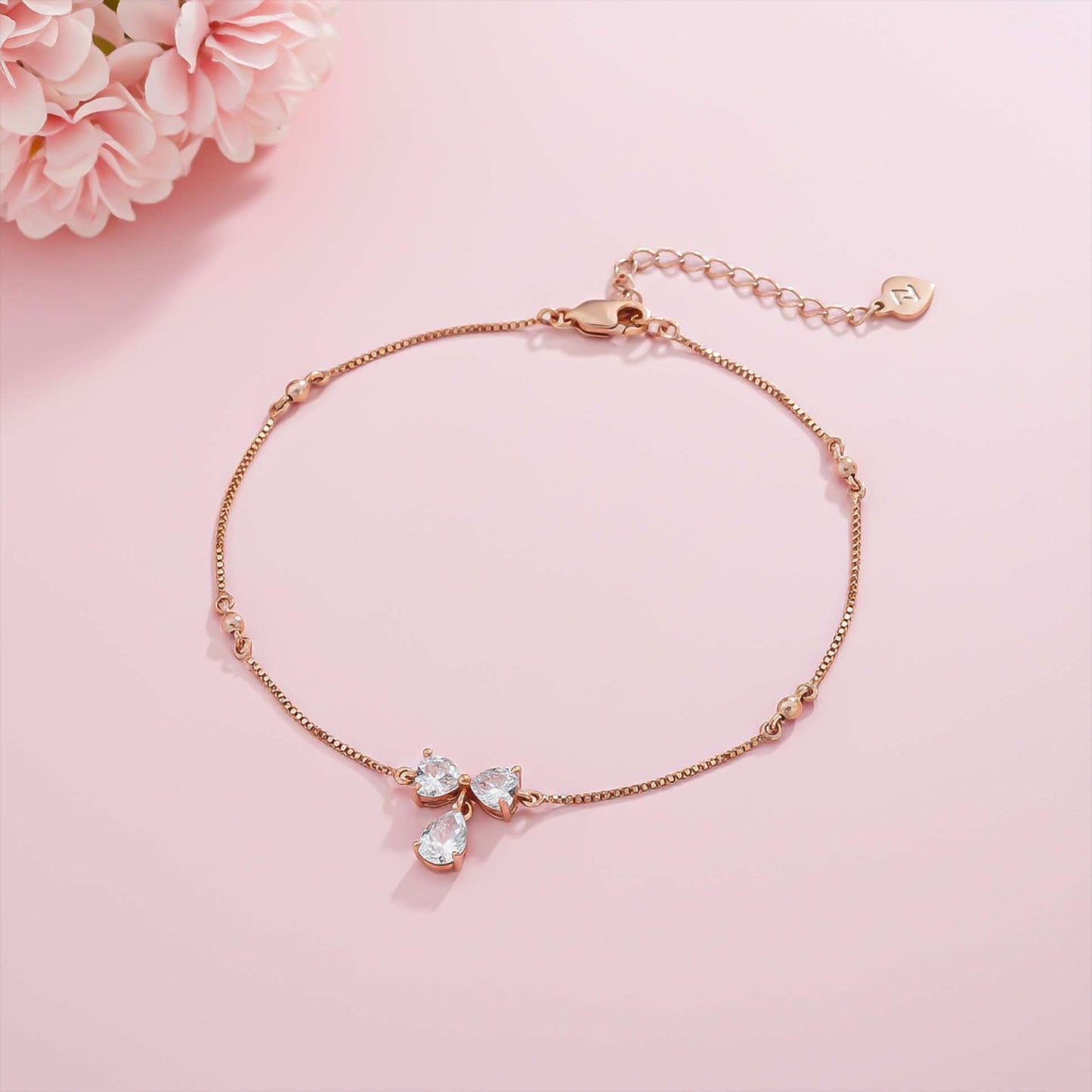 Heart Teardrop Sterling Silver Bow Anklet With 14K Rose Gold Plated