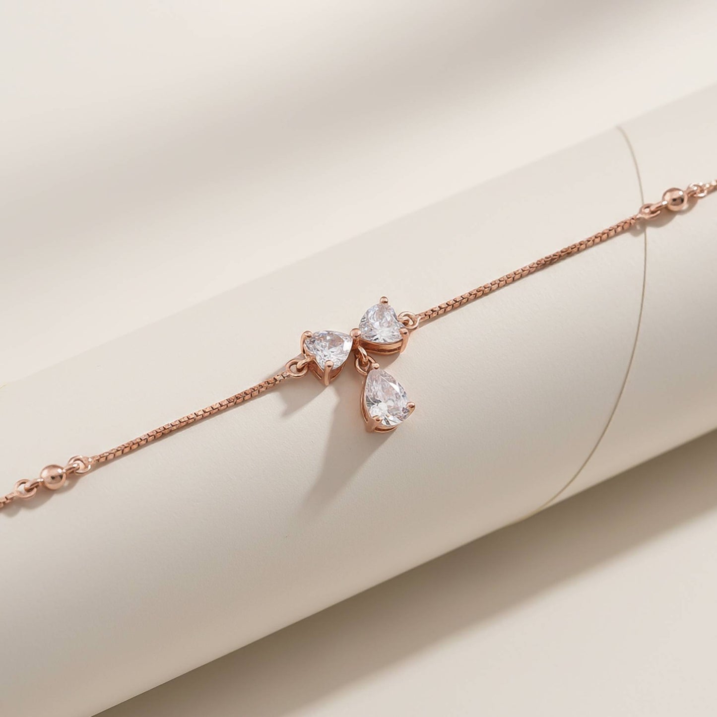 Heart Teardrop Sterling Silver Bow Anklet With 14K Rose Gold Plated