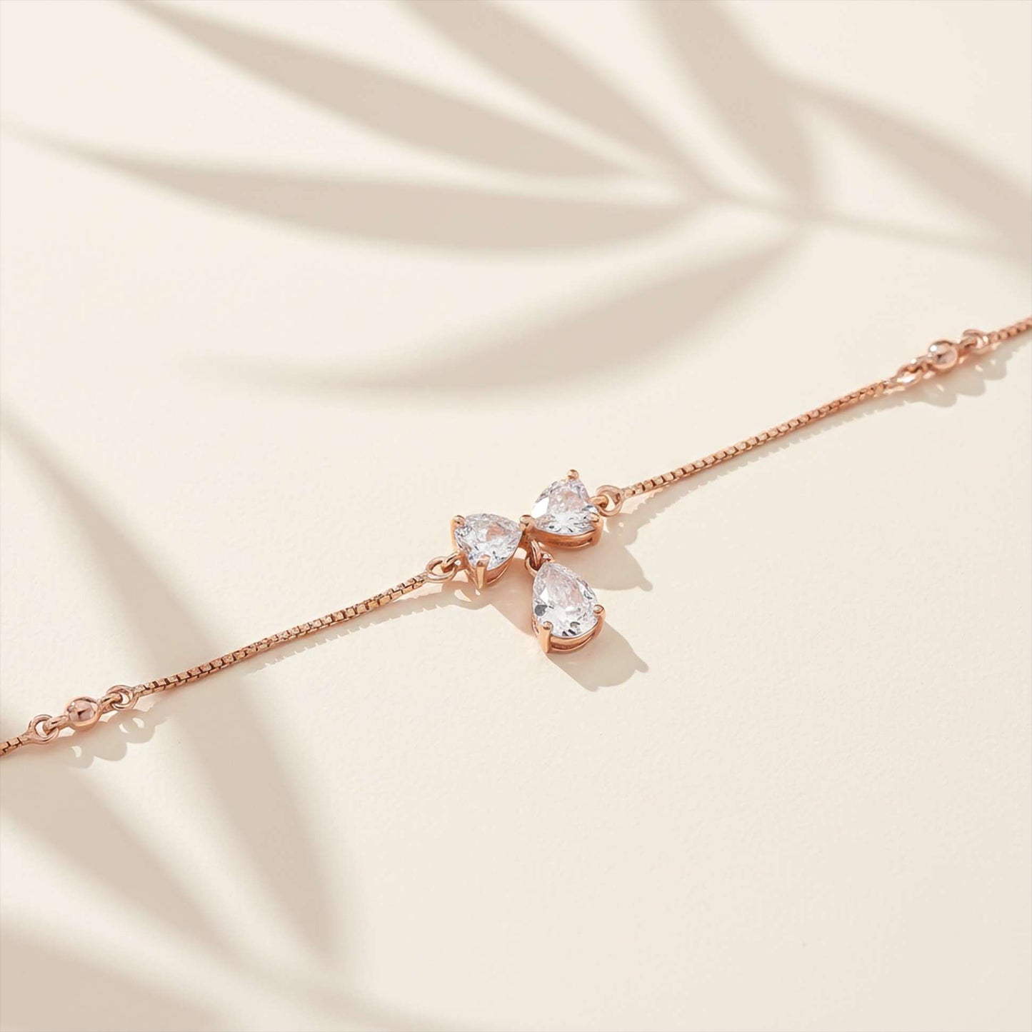 Heart Teardrop Sterling Silver Bow Anklet With 14K Rose Gold Plated